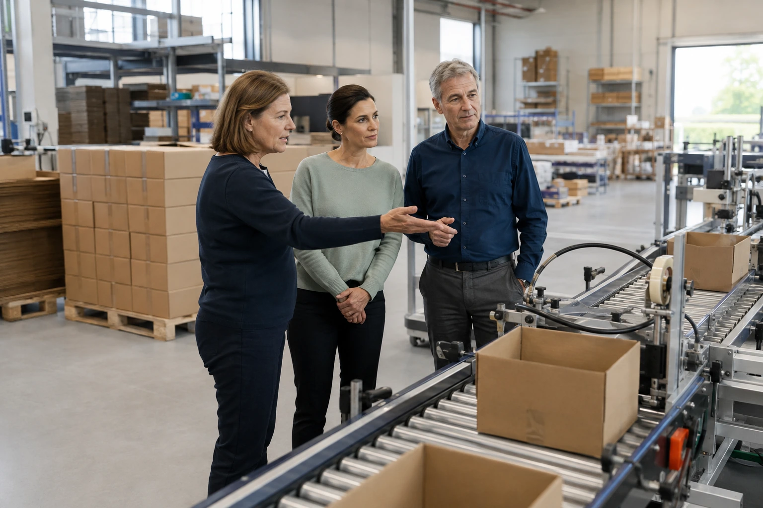 Drei Personen besichtigen eine Verpackungsanlage in einer Betriebshalle